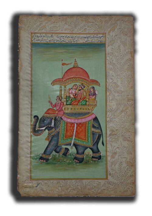 Old Mughal Badshah Riding Elephant with Begum & Damsels Handmade Painting