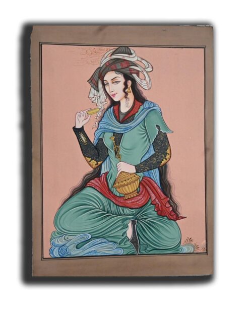 Persian Girl Having a Drink of Glass & Main Handmade Miniature Portrait Painting